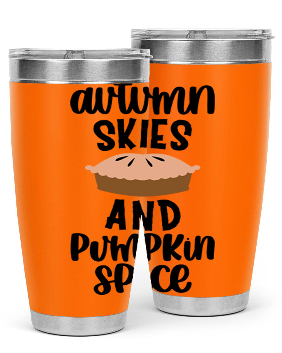 Autumn Skies And Pumpkin Spice 20oz Tumbler featuring a vibrant fall design, made of stainless steel with a drink-thru lid.