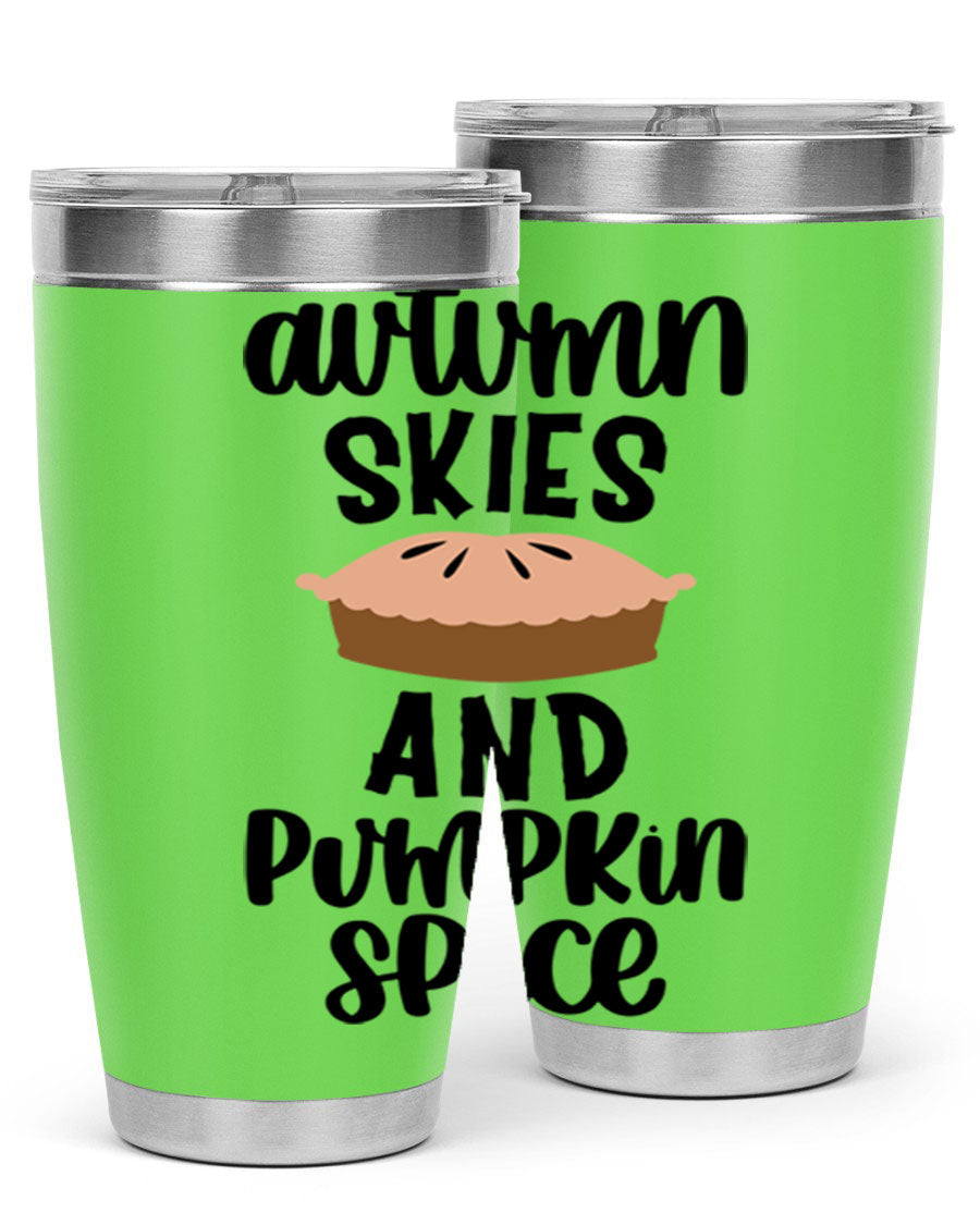 Autumn Skies And Pumpkin Spice 20oz Tumbler featuring a vibrant fall design, made of stainless steel with a drink-thru lid.