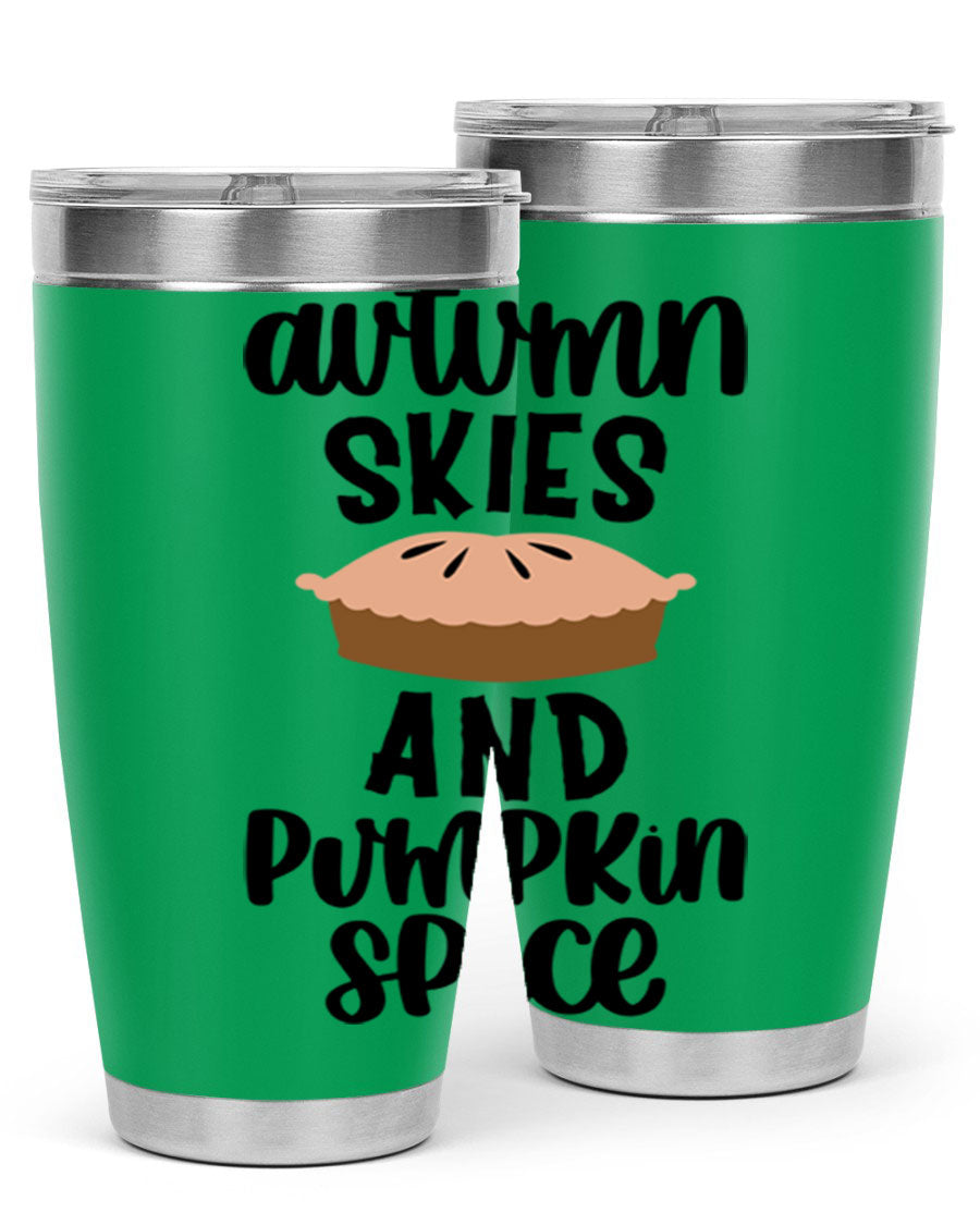 Autumn Skies And Pumpkin Spice 20oz Tumbler featuring a vibrant fall design, made of stainless steel with a drink-thru lid.