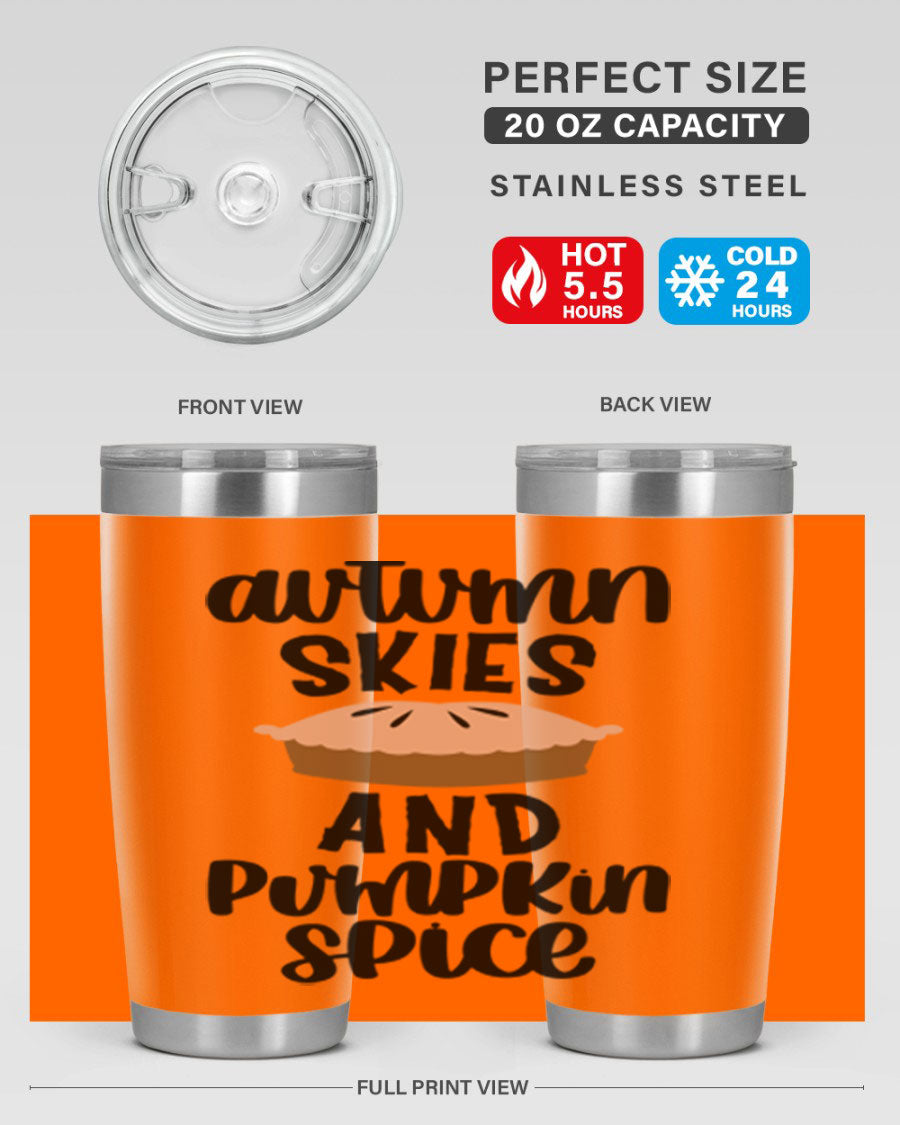 Autumn Skies And Pumpkin Spice 20oz Tumbler featuring a vibrant fall design, made of stainless steel with a drink-thru lid.