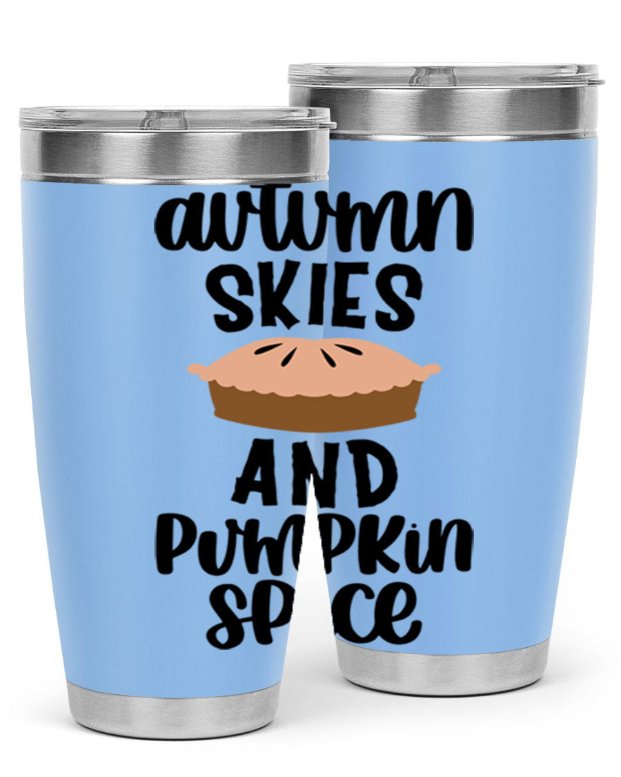 Autumn Skies And Pumpkin Spice 20oz Tumbler featuring a vibrant fall design, made of stainless steel with a drink-thru lid.