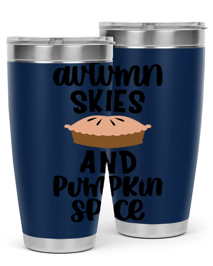 Autumn Skies And Pumpkin Spice 20oz Tumbler featuring a vibrant fall design, made of stainless steel with a drink-thru lid.