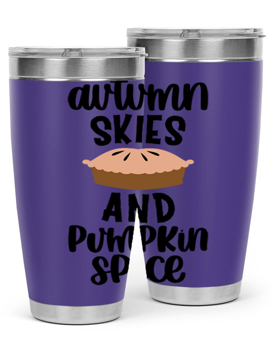 Autumn Skies And Pumpkin Spice 20oz Tumbler featuring a vibrant fall design, made of stainless steel with a drink-thru lid.