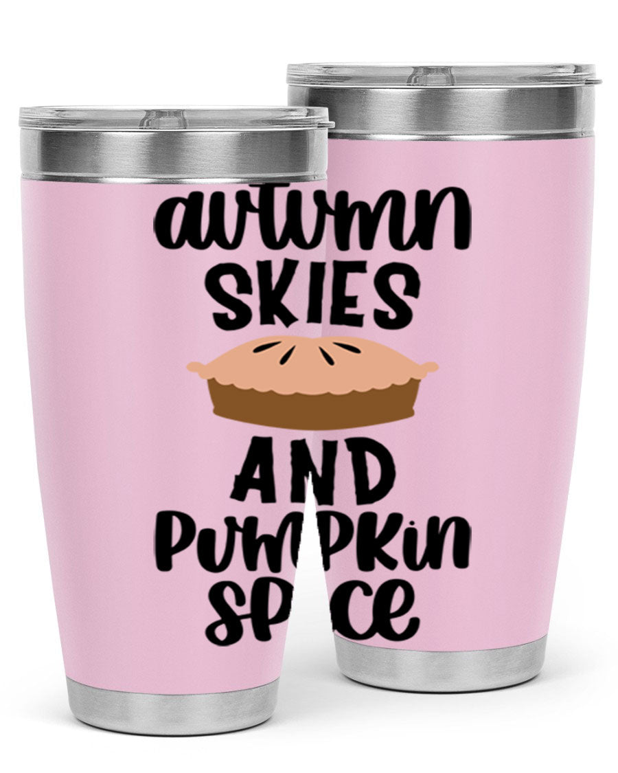 Autumn Skies And Pumpkin Spice 20oz Tumbler featuring a vibrant fall design, made of stainless steel with a drink-thru lid.