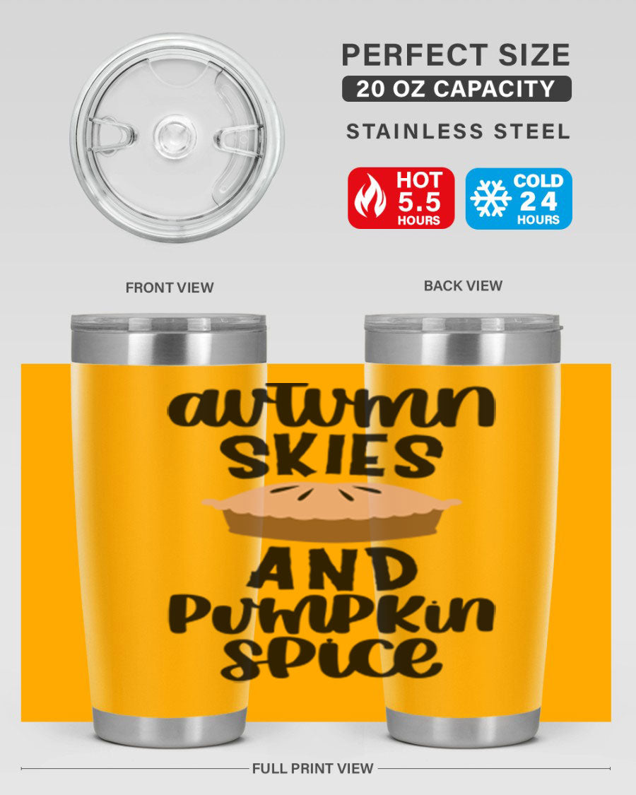 Autumn Skies And Pumpkin Spice 20oz Tumbler featuring a vibrant fall design, made of stainless steel with a drink-thru lid.