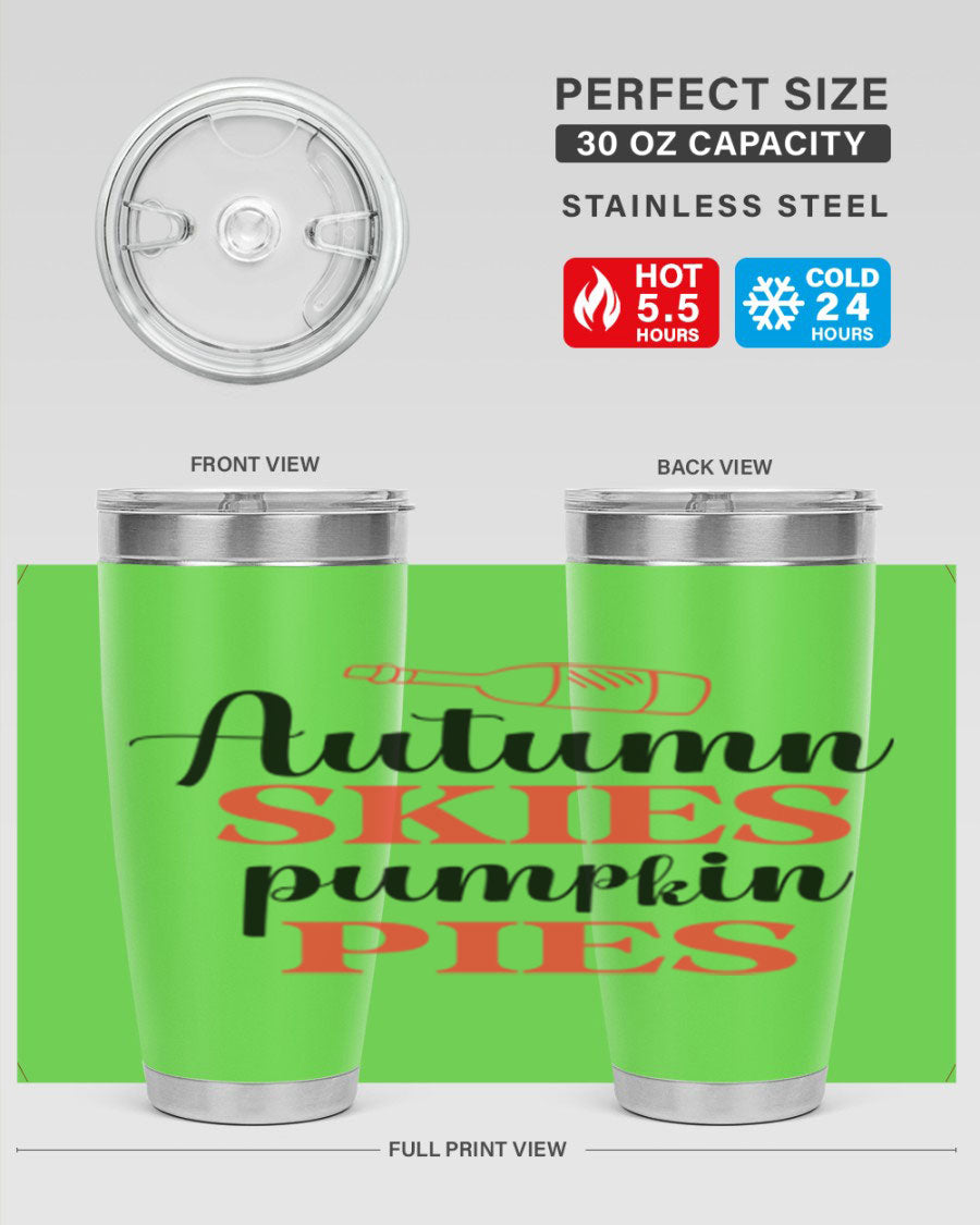 Autumn Skies Pumpkin Pies 20oz Tumbler featuring a vibrant fall design, double wall vacuum insulation, and a drink-thru lid.