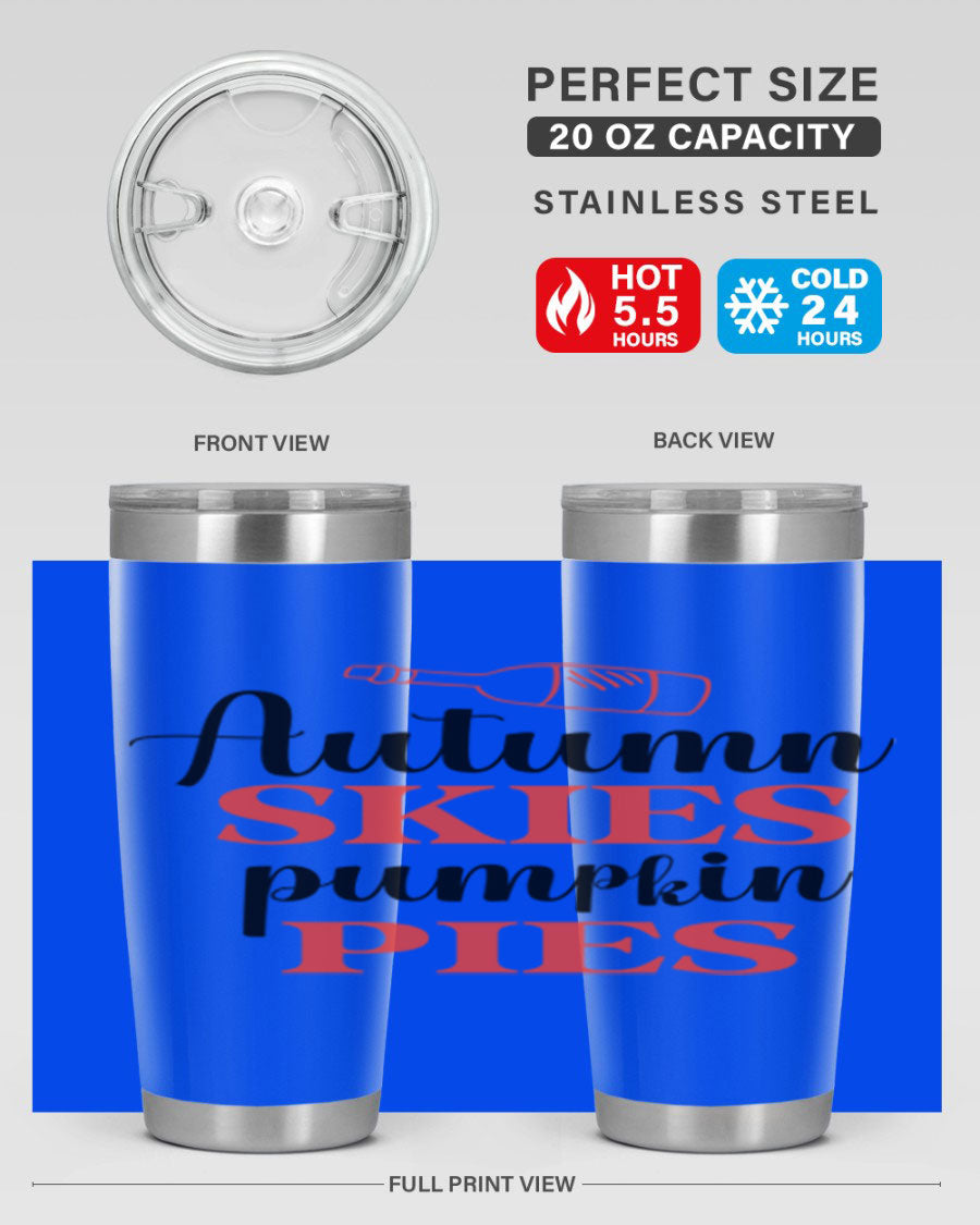 Autumn Skies Pumpkin Pies 20oz Tumbler featuring a vibrant fall design, double wall vacuum insulation, and a drink-thru lid.