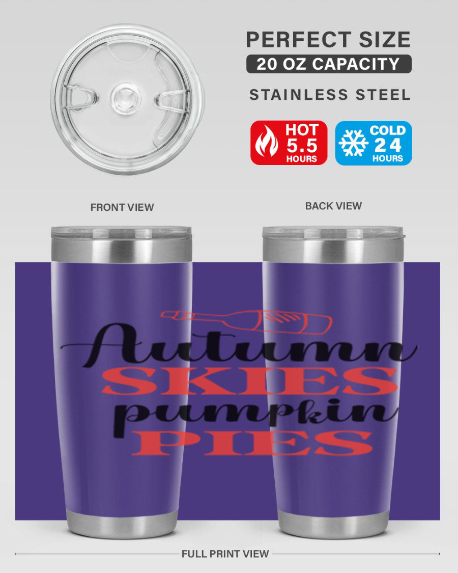 Autumn Skies Pumpkin Pies 20oz Tumbler featuring a vibrant fall design, double wall vacuum insulation, and a drink-thru lid.