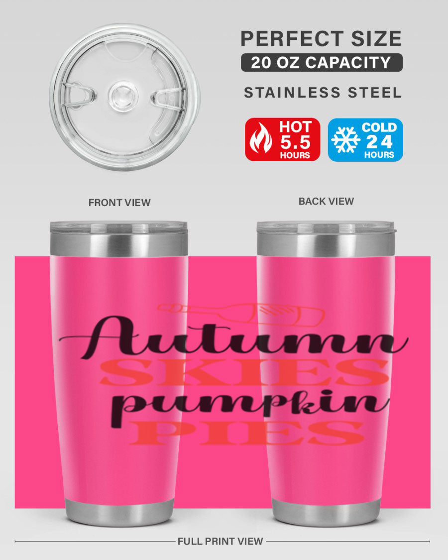 Autumn Skies Pumpkin Pies 20oz Tumbler featuring a vibrant fall design, double wall vacuum insulation, and a drink-thru lid.