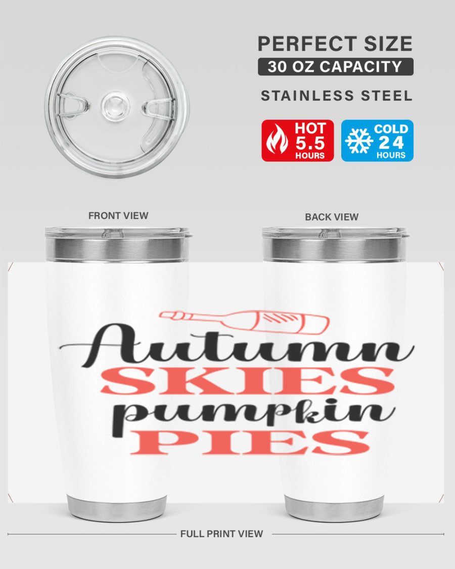 Autumn Skies Pumpkin Pies 20oz Tumbler featuring a vibrant fall design, double wall vacuum insulation, and a drink-thru lid.