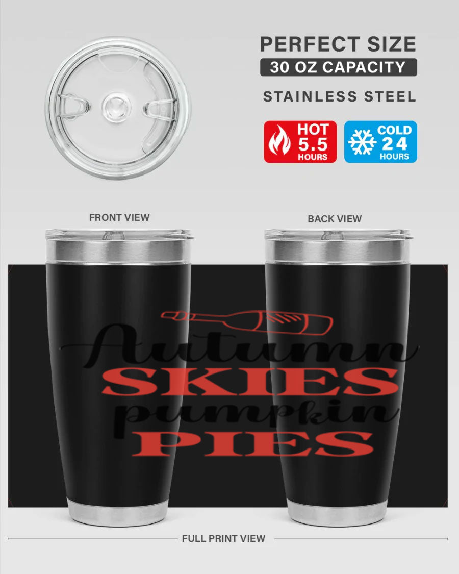 Autumn Skies Pumpkin Pies 20oz Tumbler featuring a vibrant fall design, double wall vacuum insulation, and a drink-thru lid.