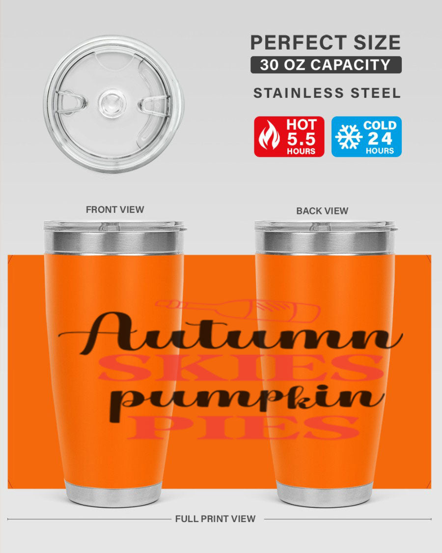 Autumn Skies Pumpkin Pies 20oz Tumbler featuring a vibrant fall design, double wall vacuum insulation, and a drink-thru lid.