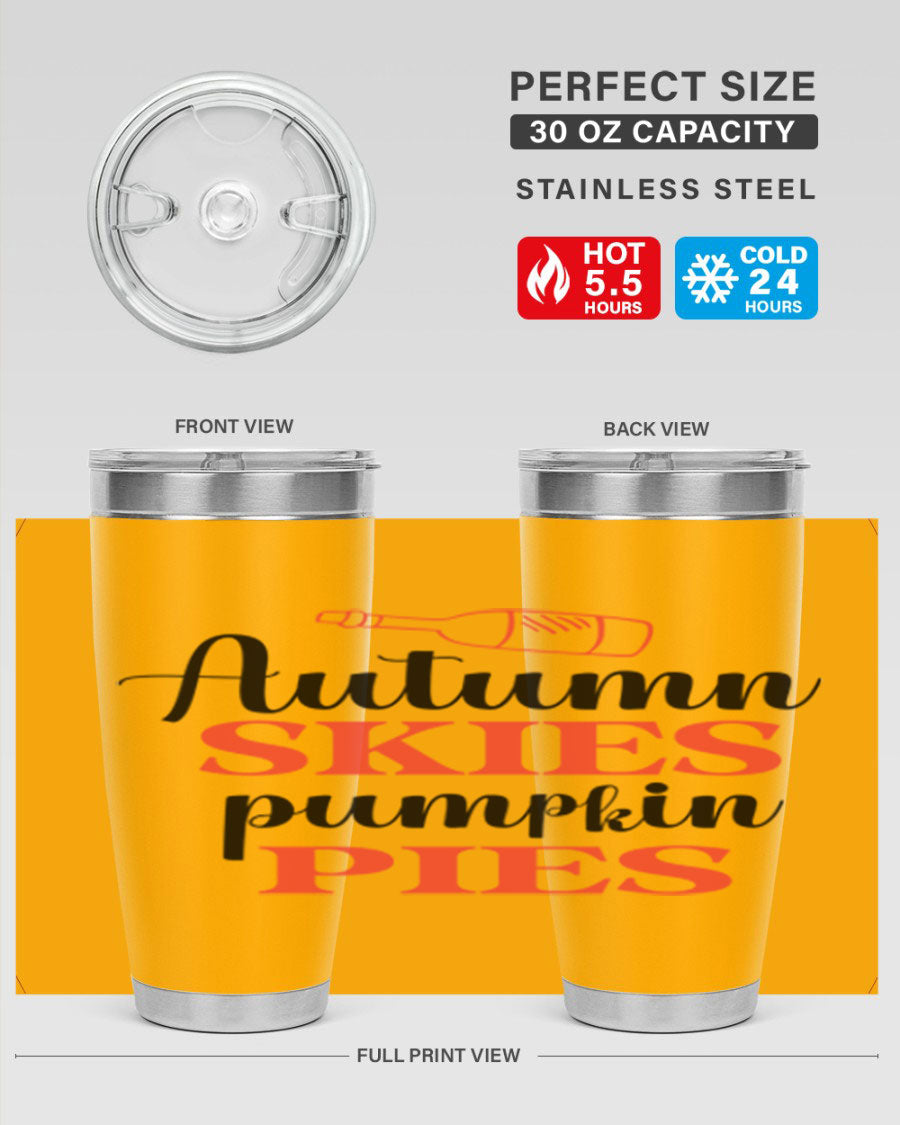 Autumn Skies Pumpkin Pies 20oz Tumbler featuring a vibrant fall design, double wall vacuum insulation, and a drink-thru lid.