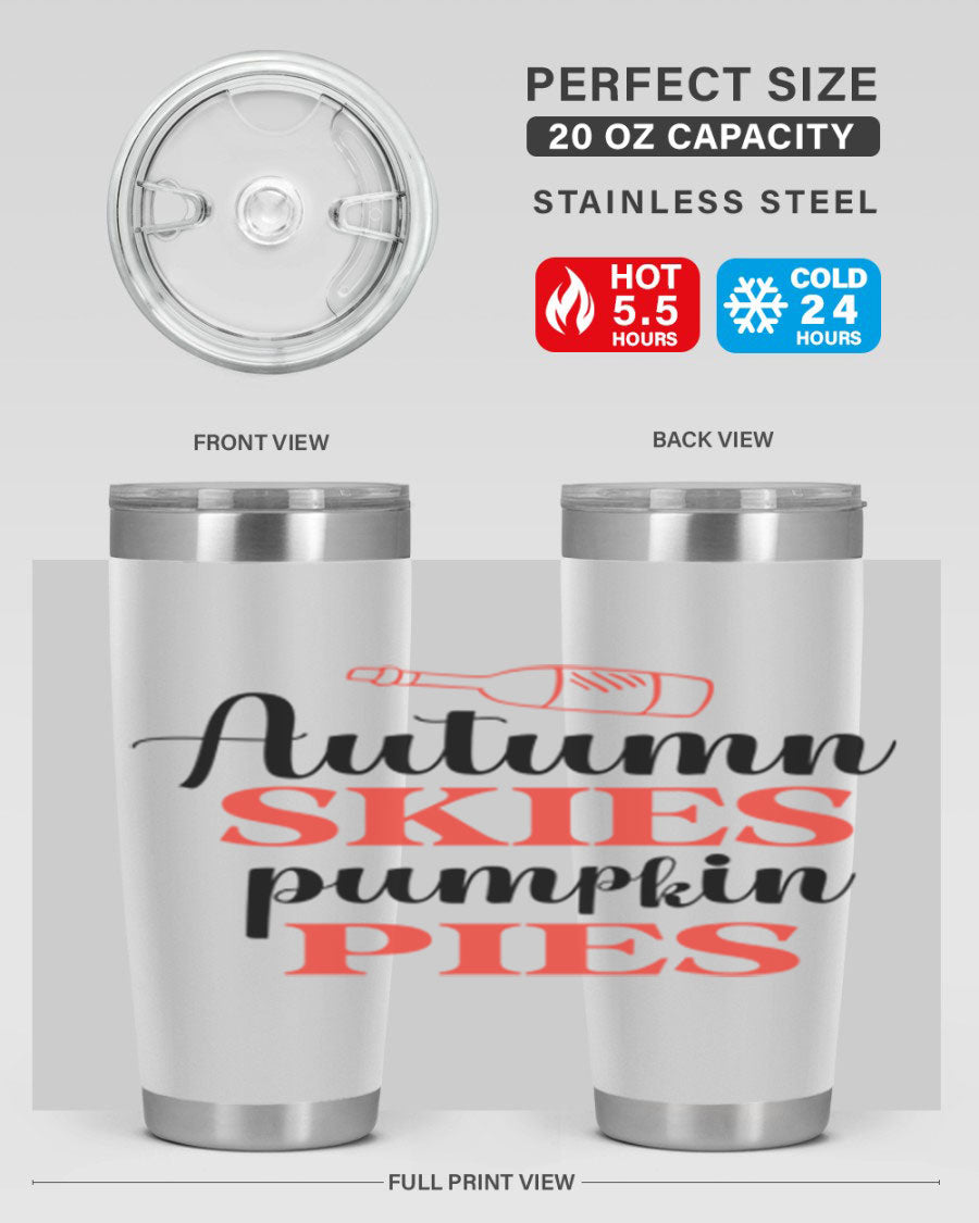 Autumn Skies Pumpkin Pies 20oz Tumbler featuring a vibrant fall design, double wall vacuum insulation, and a drink-thru lid.