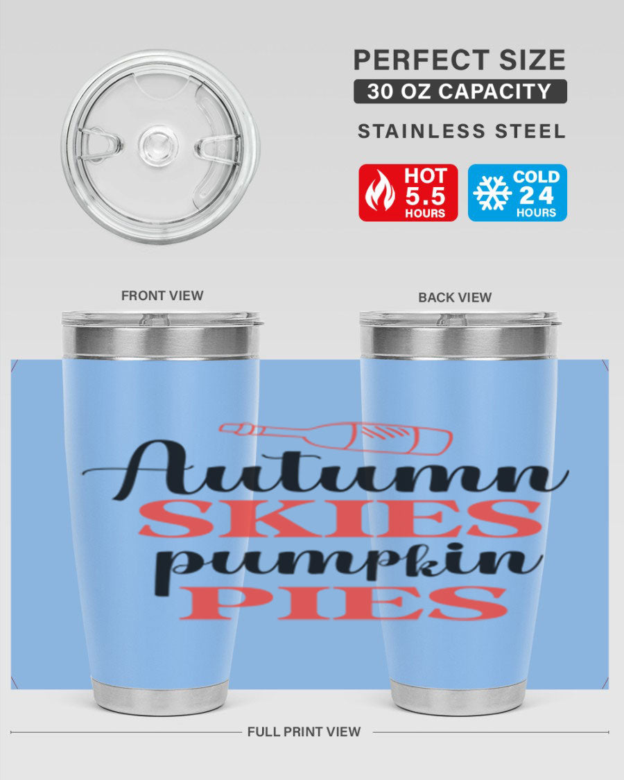 Autumn Skies Pumpkin Pies 20oz Tumbler featuring a vibrant fall design, double wall vacuum insulation, and a drink-thru lid.