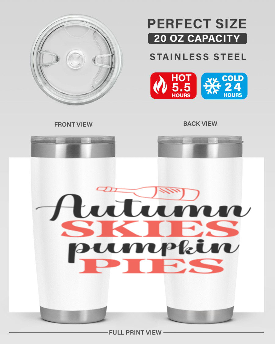 Autumn Skies Pumpkin Pies 20oz Tumbler featuring a vibrant fall design, double wall vacuum insulation, and a drink-thru lid.