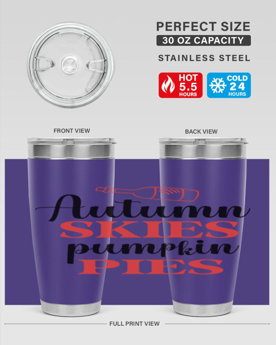 Autumn Skies Pumpkin Pies 20oz Tumbler featuring a vibrant fall design, double wall vacuum insulation, and a drink-thru lid.