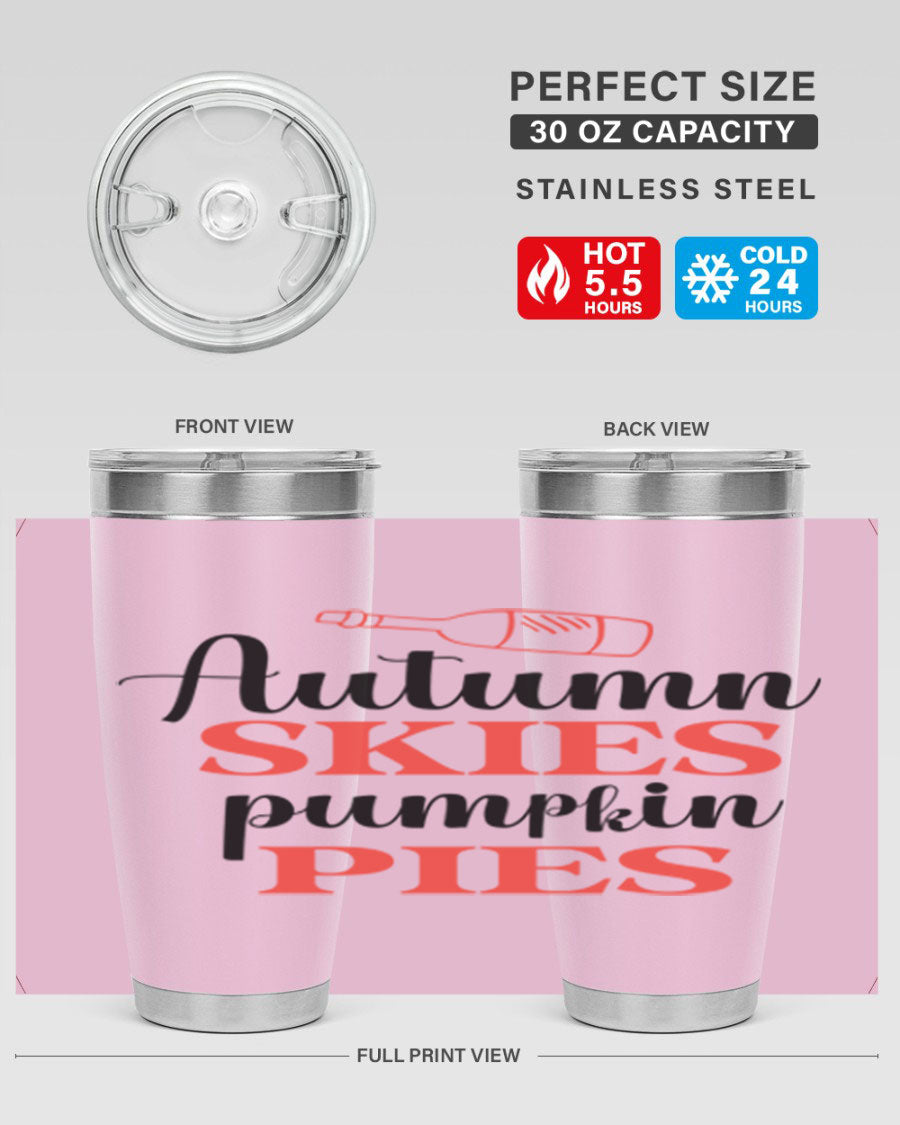 Autumn Skies Pumpkin Pies 20oz Tumbler featuring a vibrant fall design, double wall vacuum insulation, and a drink-thru lid.