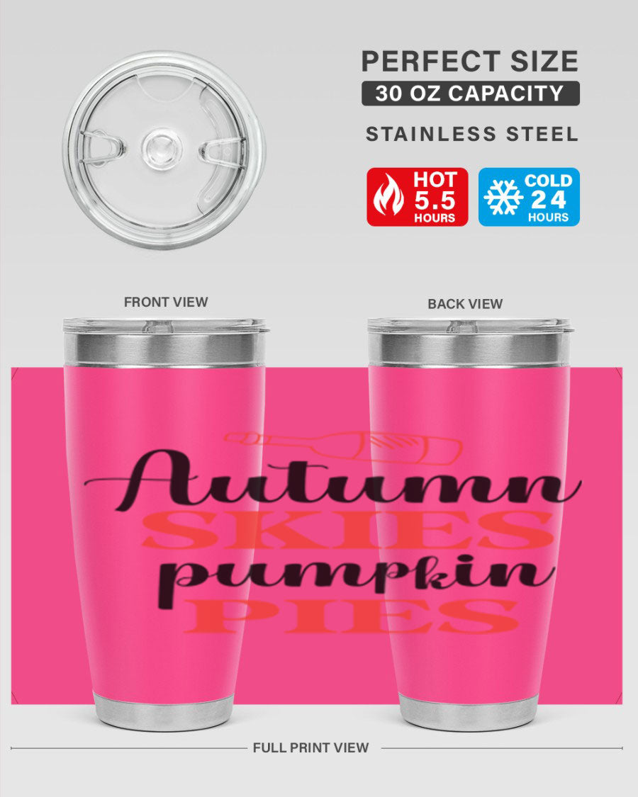 Autumn Skies Pumpkin Pies 20oz Tumbler featuring a vibrant fall design, double wall vacuum insulation, and a drink-thru lid.