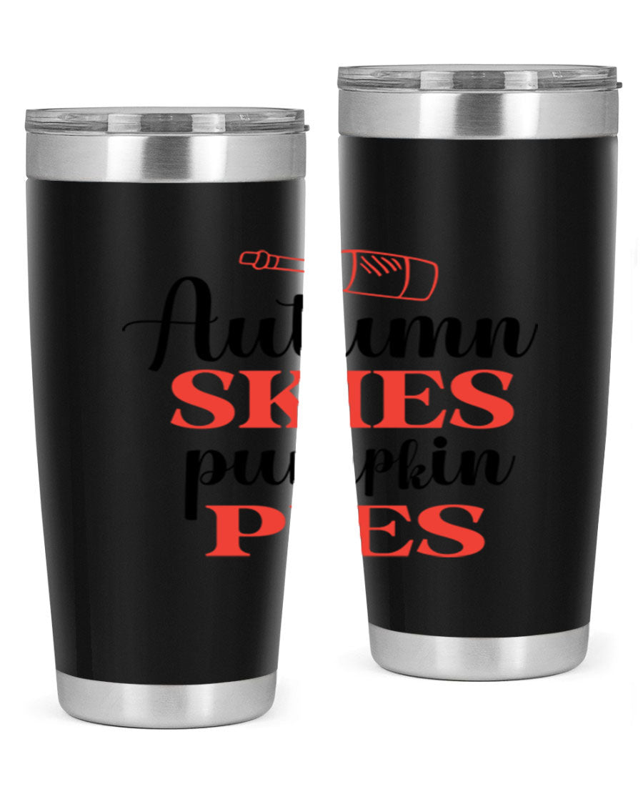 Autumn Skies Pumpkin Pies 20oz Tumbler featuring a vibrant fall design, double wall vacuum insulation, and a drink-thru lid.