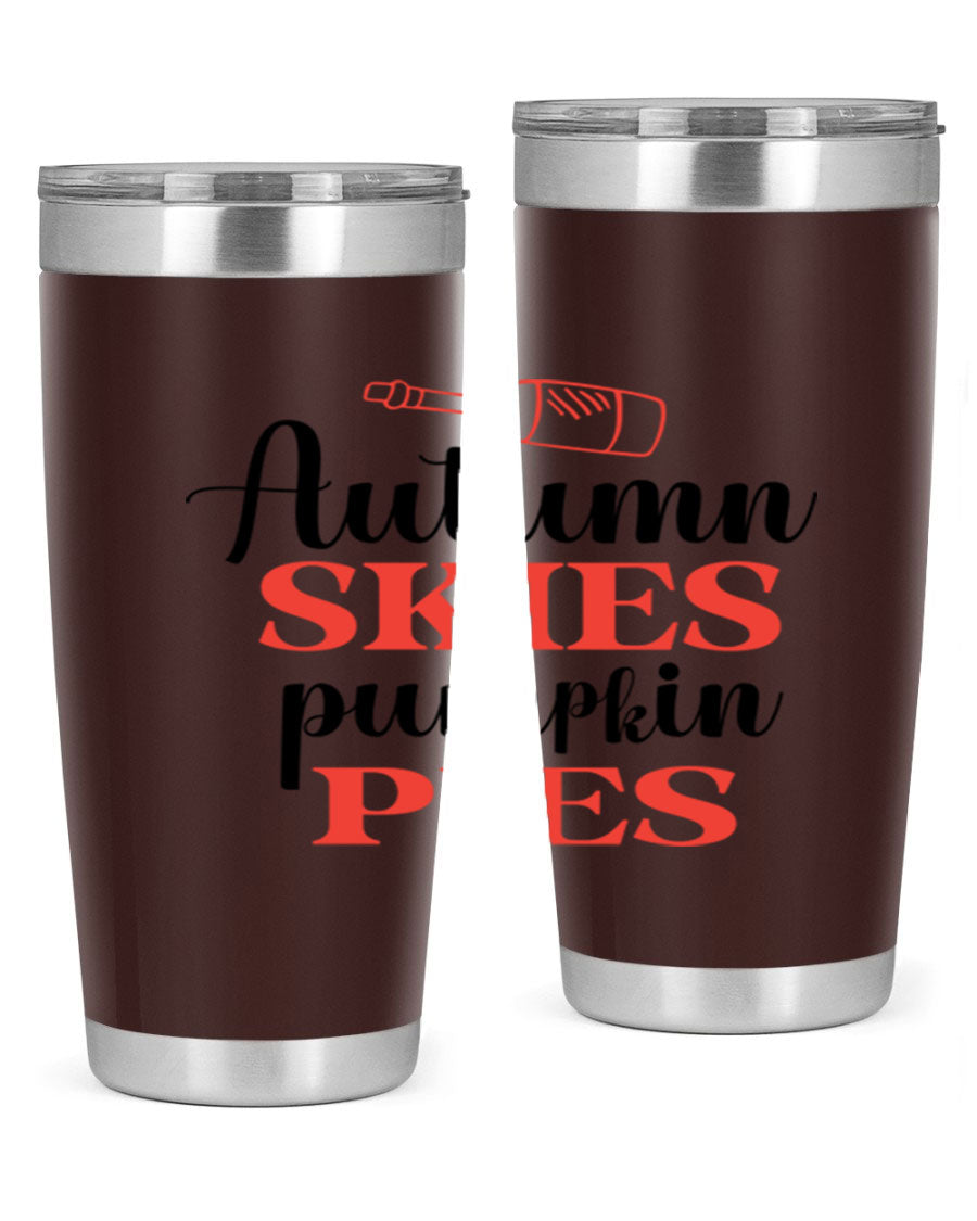 Autumn Skies Pumpkin Pies 20oz Tumbler featuring a vibrant fall design, double wall vacuum insulation, and a drink-thru lid.