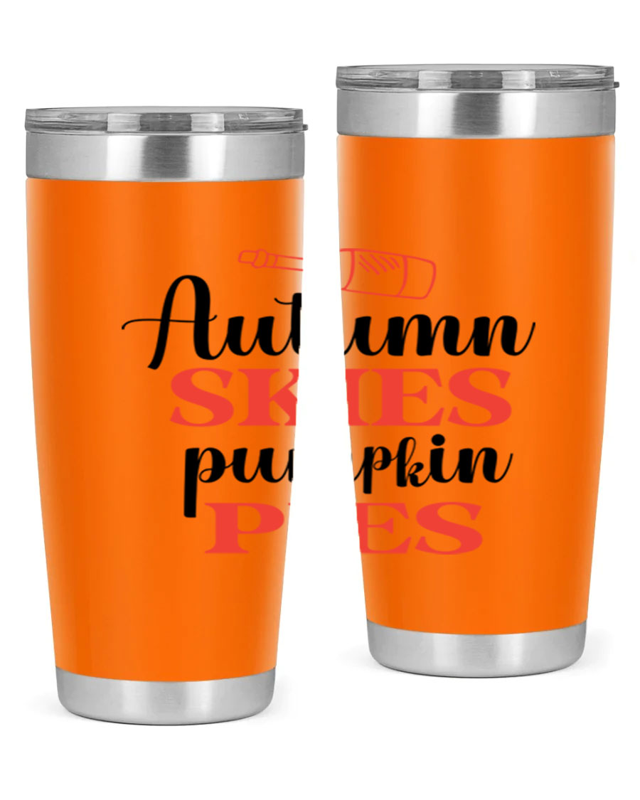 Autumn Skies Pumpkin Pies 20oz Tumbler featuring a vibrant fall design, double wall vacuum insulation, and a drink-thru lid.