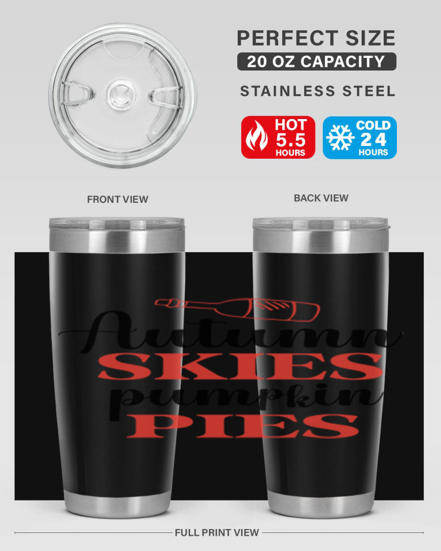 Autumn Skies Pumpkin Pies 20oz Tumbler featuring a vibrant fall design, double wall vacuum insulation, and a drink-thru lid.