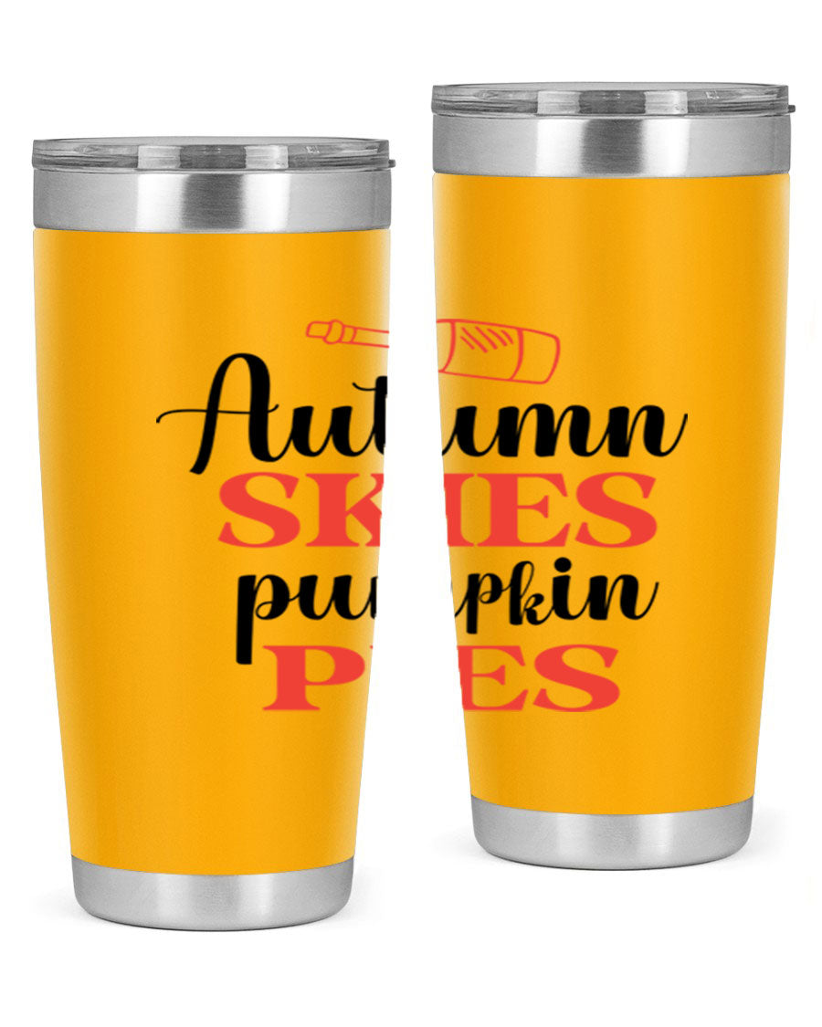 Autumn Skies Pumpkin Pies 20oz Tumbler featuring a vibrant fall design, double wall vacuum insulation, and a drink-thru lid.