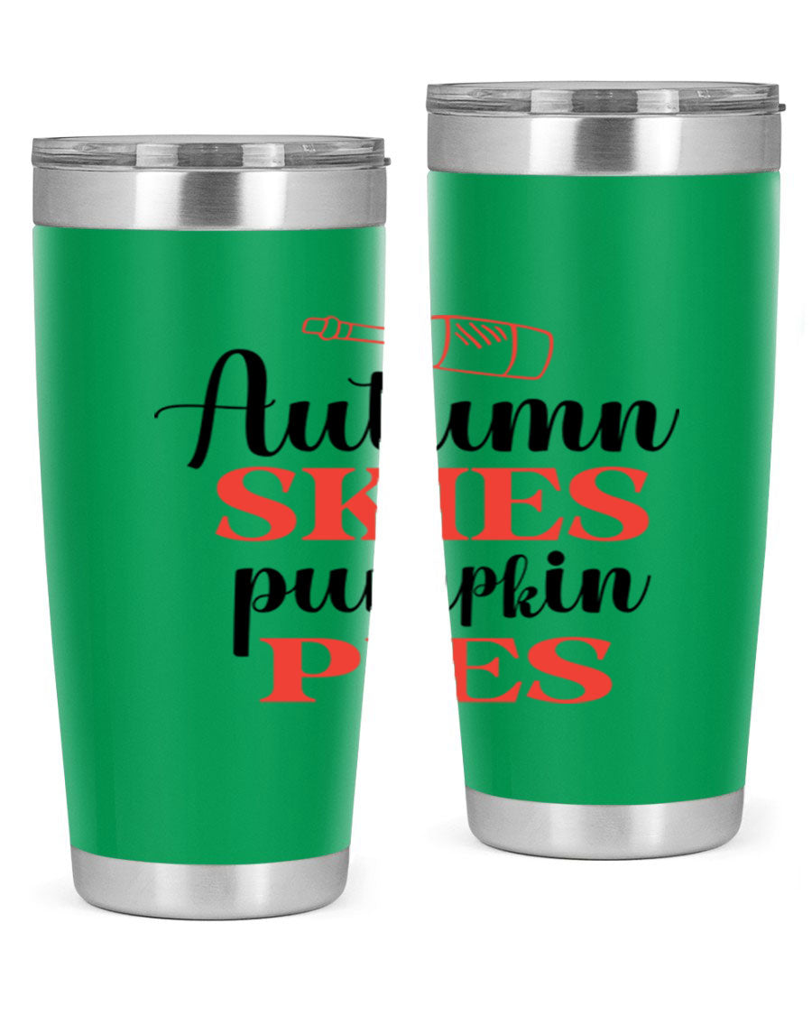 Autumn Skies Pumpkin Pies 20oz Tumbler featuring a vibrant fall design, double wall vacuum insulation, and a drink-thru lid.