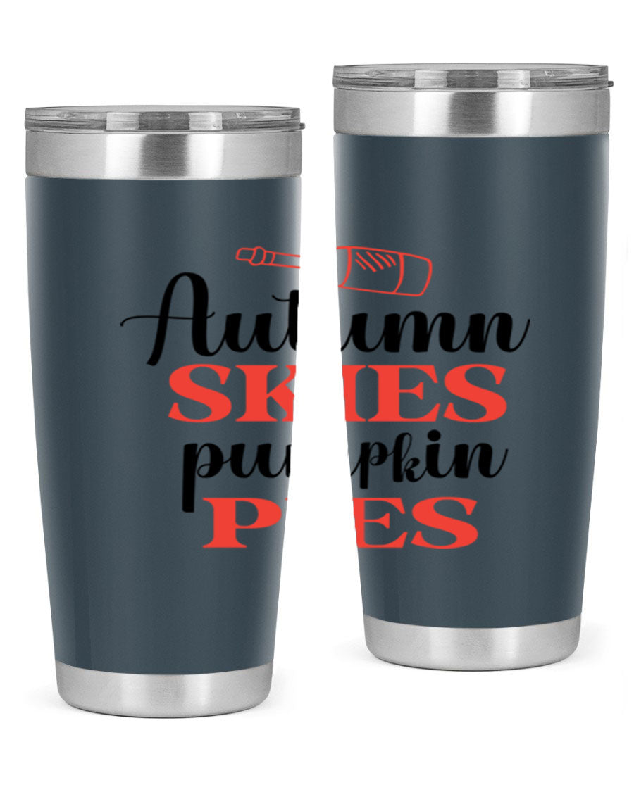 Autumn Skies Pumpkin Pies 20oz Tumbler featuring a vibrant fall design, double wall vacuum insulation, and a drink-thru lid.