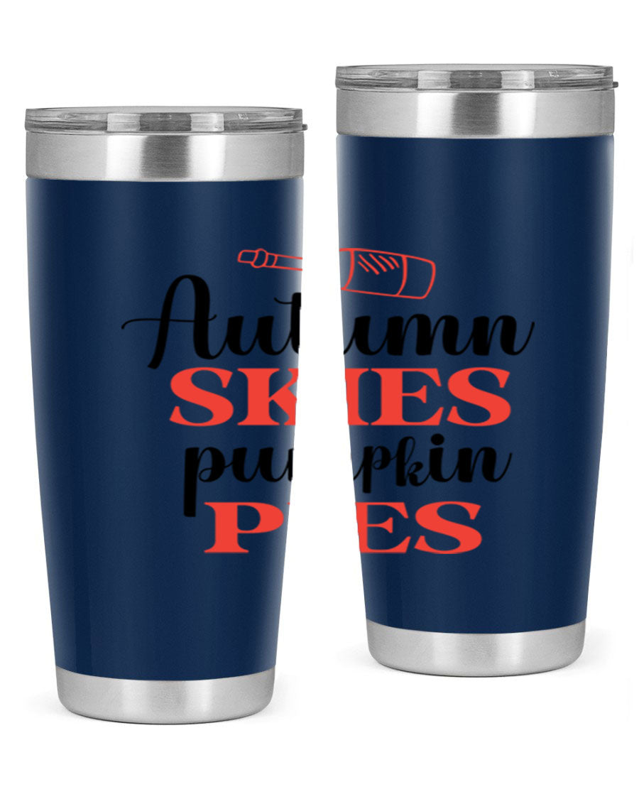 Autumn Skies Pumpkin Pies 20oz Tumbler featuring a vibrant fall design, double wall vacuum insulation, and a drink-thru lid.