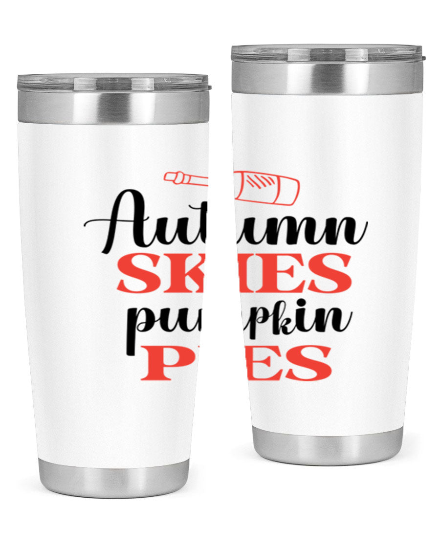 Autumn Skies Pumpkin Pies 20oz Tumbler featuring a vibrant fall design, double wall vacuum insulation, and a drink-thru lid.