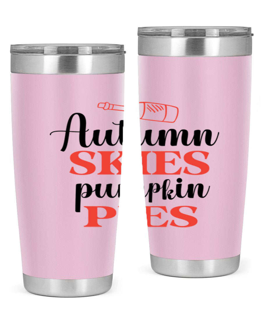 Autumn Skies Pumpkin Pies 20oz Tumbler featuring a vibrant fall design, double wall vacuum insulation, and a drink-thru lid.