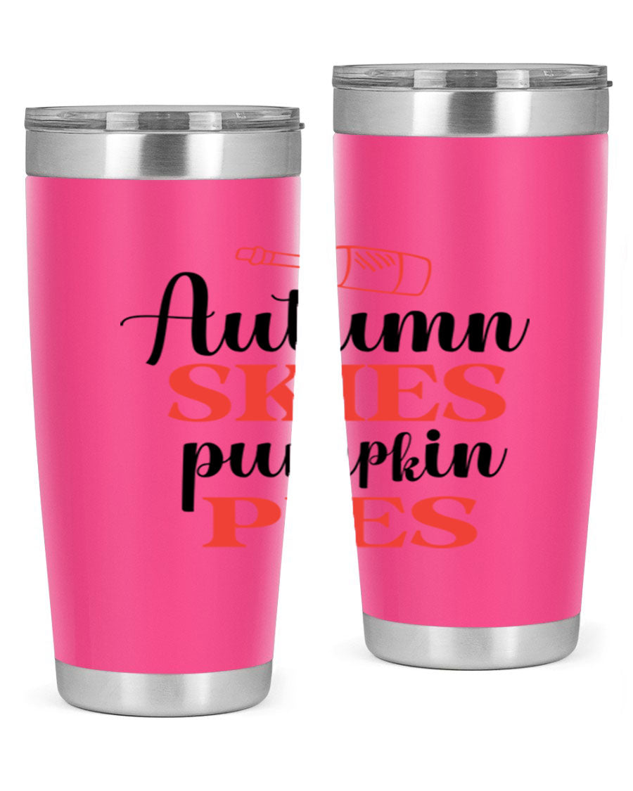 Autumn Skies Pumpkin Pies 20oz Tumbler featuring a vibrant fall design, double wall vacuum insulation, and a drink-thru lid.