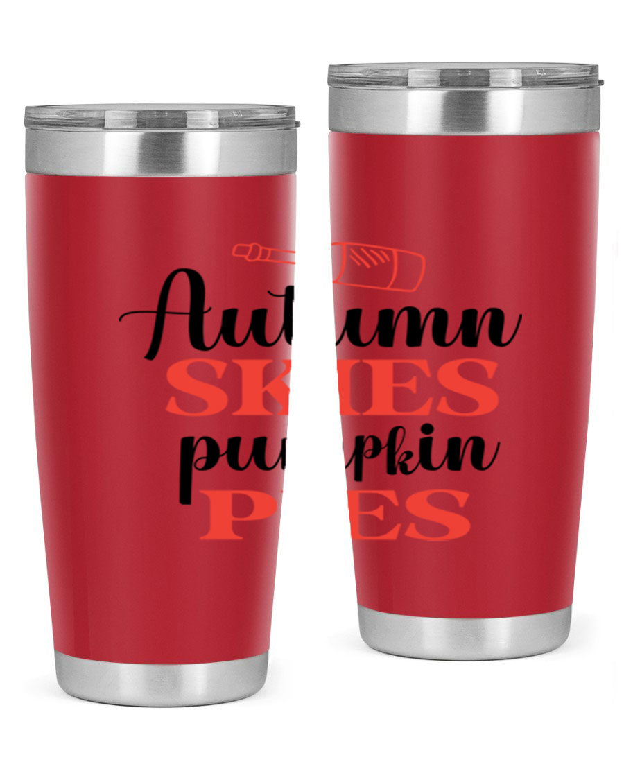 Autumn Skies Pumpkin Pies 20oz Tumbler featuring a vibrant fall design, double wall vacuum insulation, and a drink-thru lid.