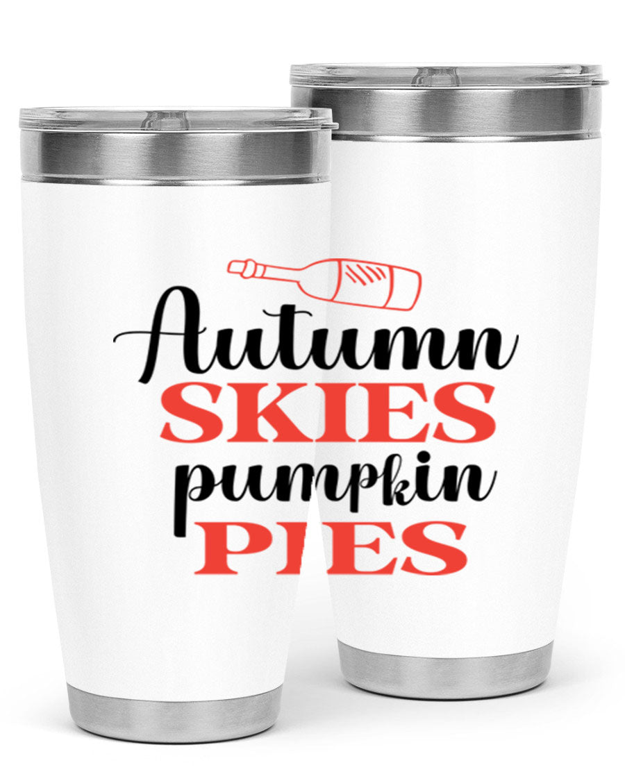 Autumn Skies Pumpkin Pies 20oz Tumbler featuring a vibrant fall design, double wall vacuum insulation, and a drink-thru lid.