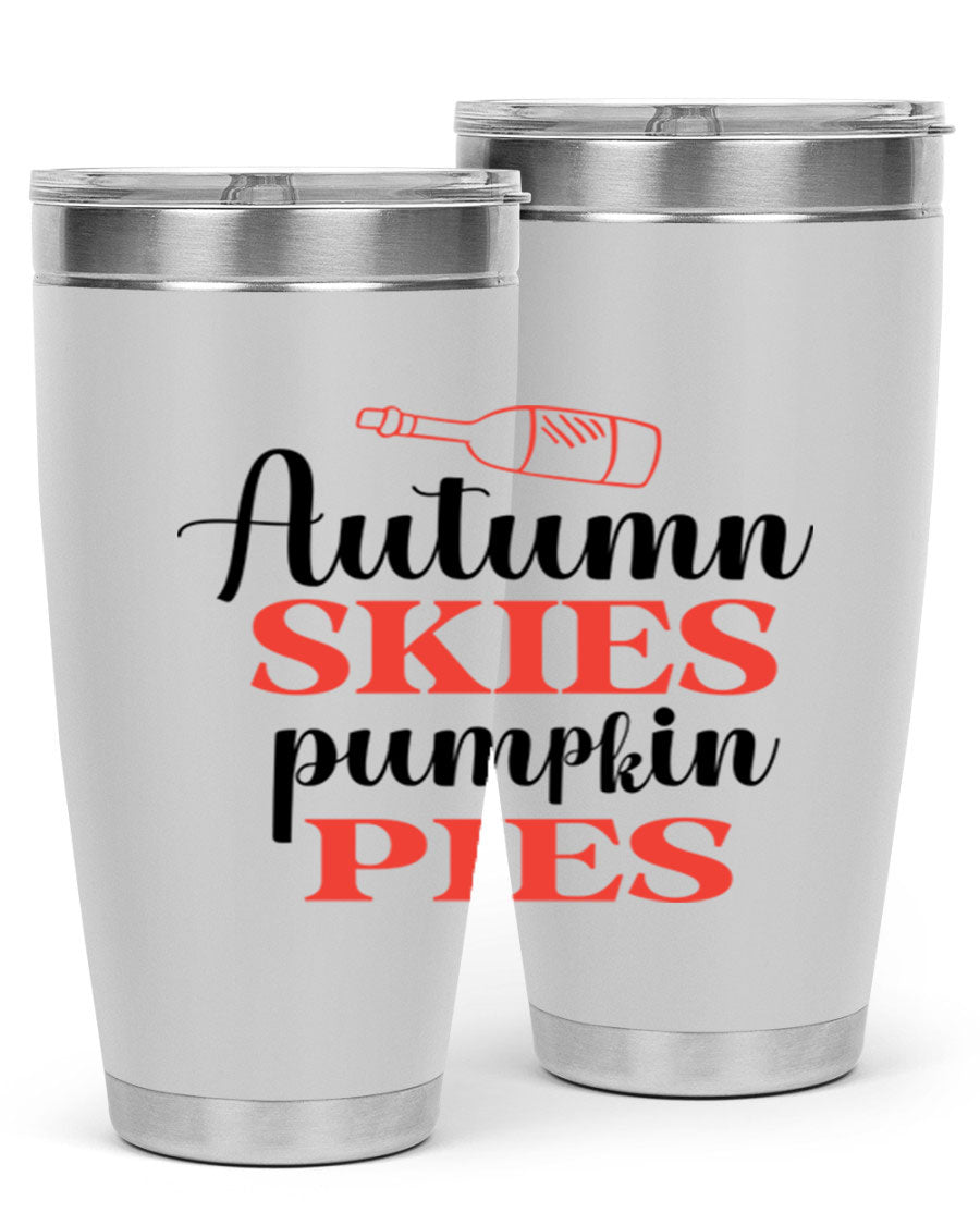 Autumn Skies Pumpkin Pies 20oz Tumbler featuring a vibrant fall design, double wall vacuum insulation, and a drink-thru lid.