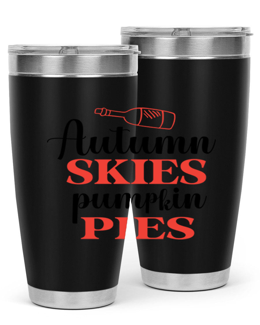 Autumn Skies Pumpkin Pies 20oz Tumbler featuring a vibrant fall design, double wall vacuum insulation, and a drink-thru lid.