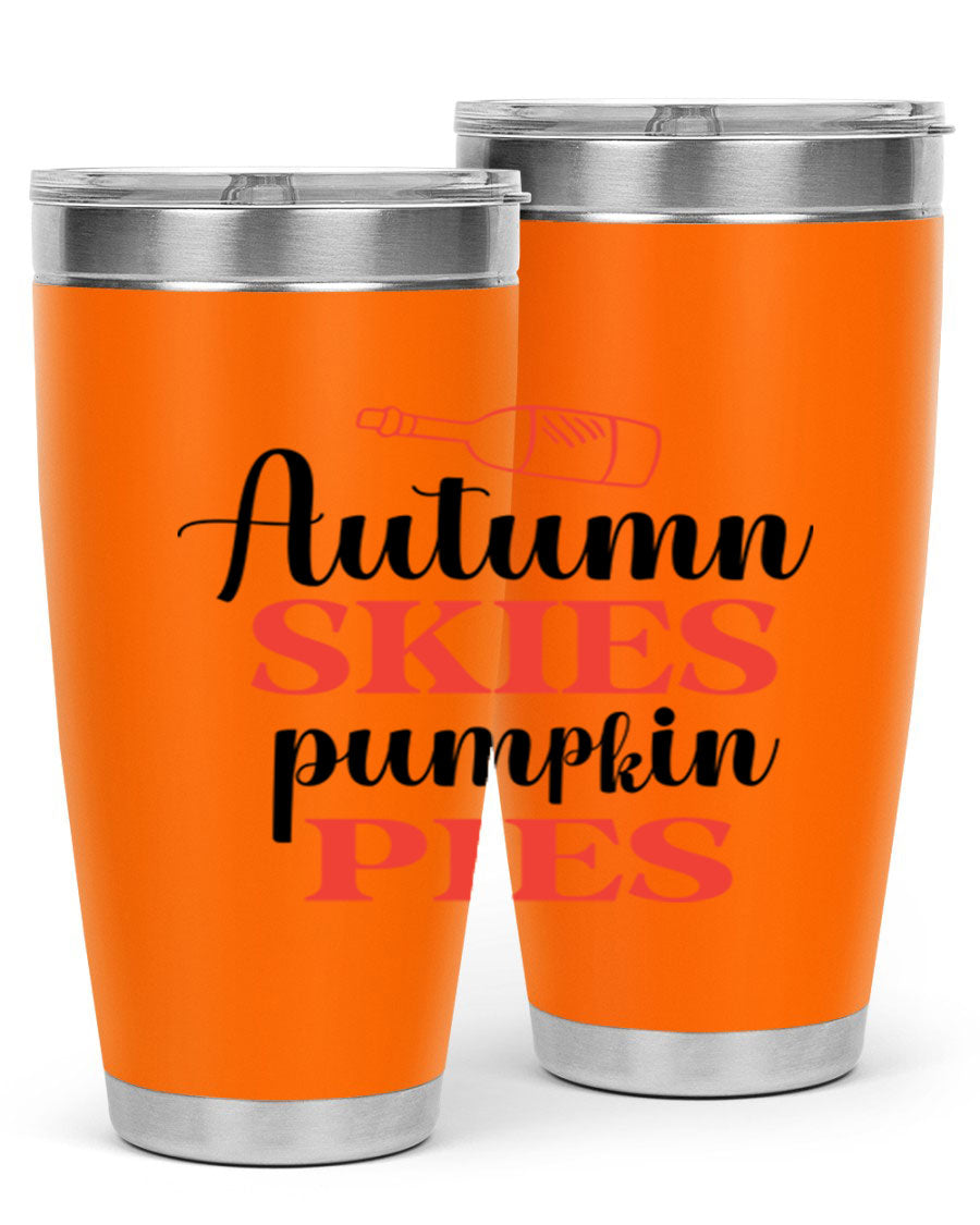 Autumn Skies Pumpkin Pies 20oz Tumbler featuring a vibrant fall design, double wall vacuum insulation, and a drink-thru lid.