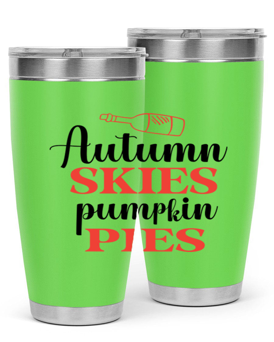 Autumn Skies Pumpkin Pies 20oz Tumbler featuring a vibrant fall design, double wall vacuum insulation, and a drink-thru lid.