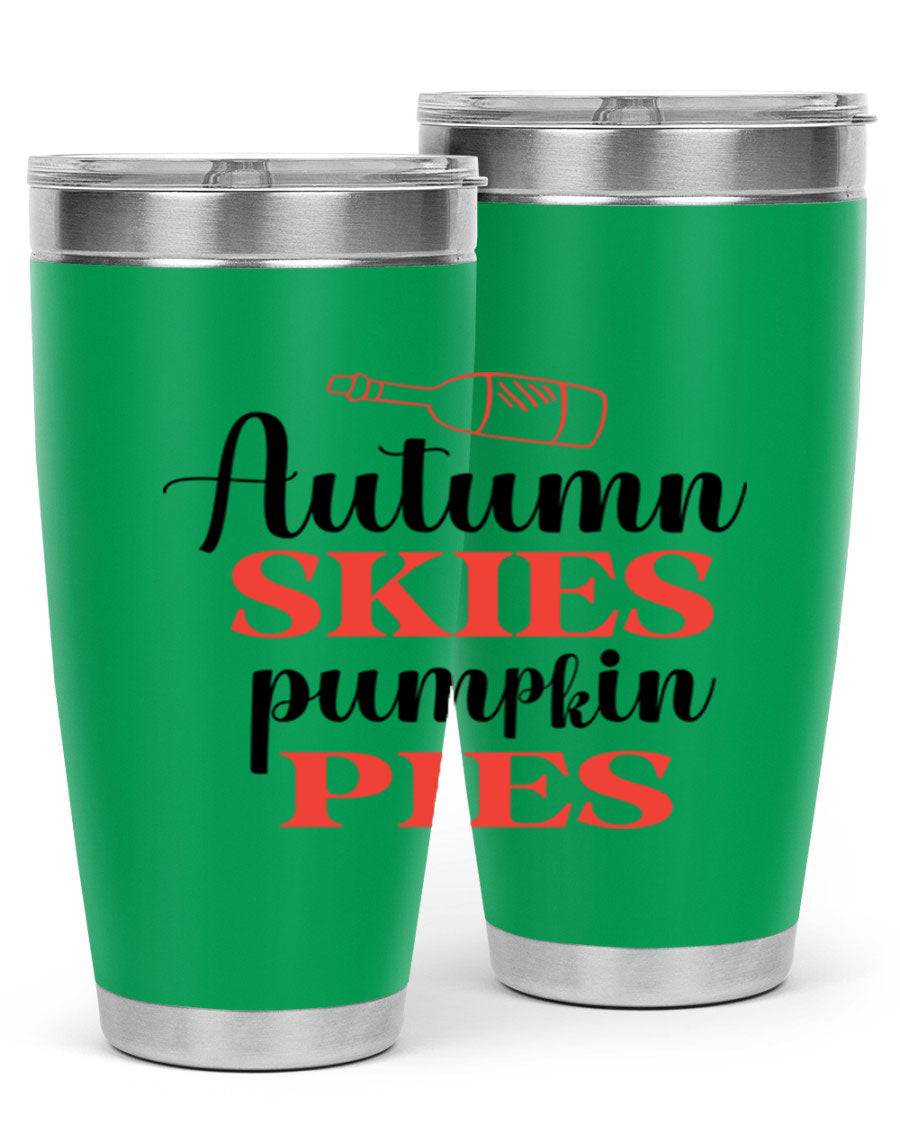 Autumn Skies Pumpkin Pies 20oz Tumbler featuring a vibrant fall design, double wall vacuum insulation, and a drink-thru lid.