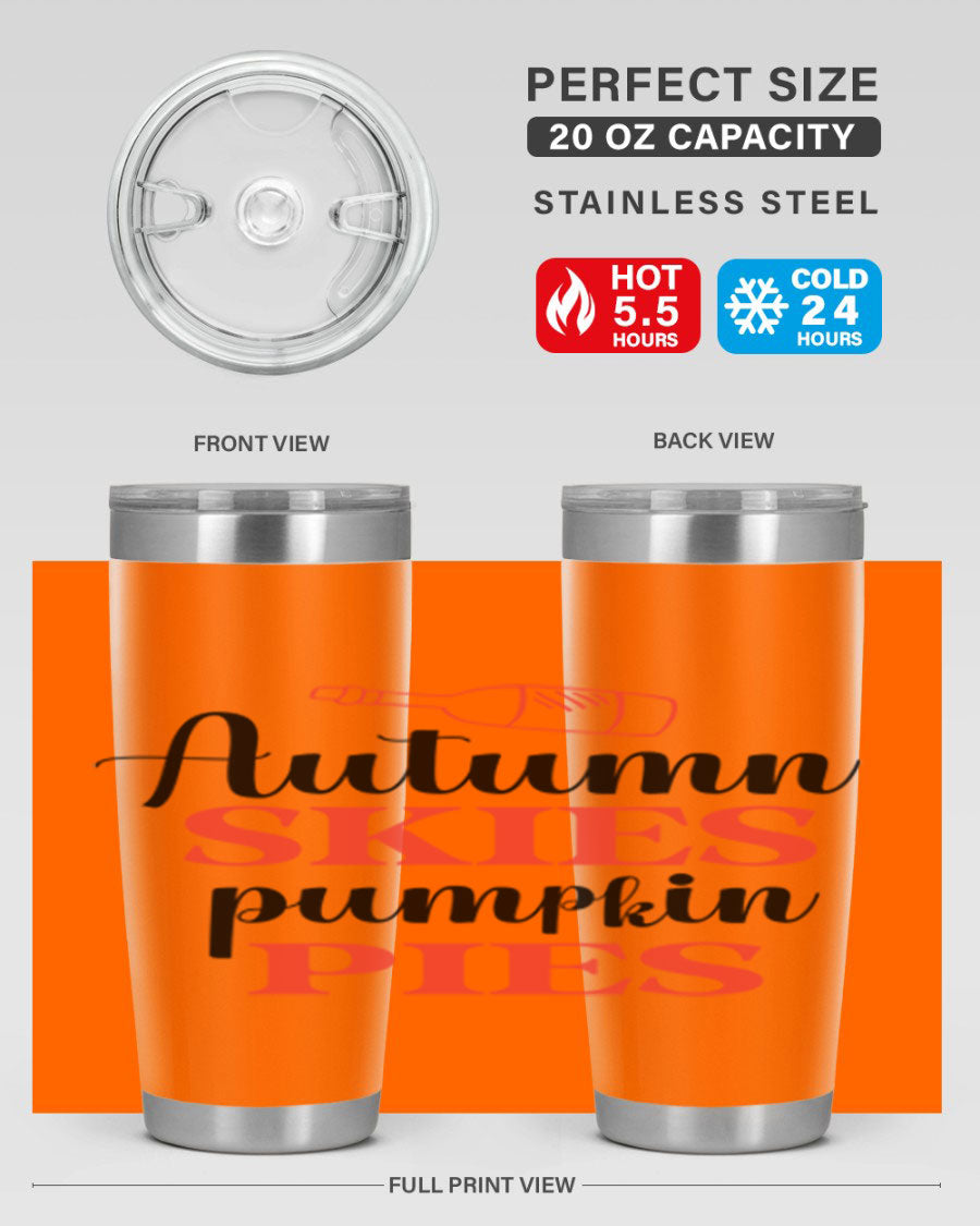 Autumn Skies Pumpkin Pies 20oz Tumbler featuring a vibrant fall design, double wall vacuum insulation, and a drink-thru lid.