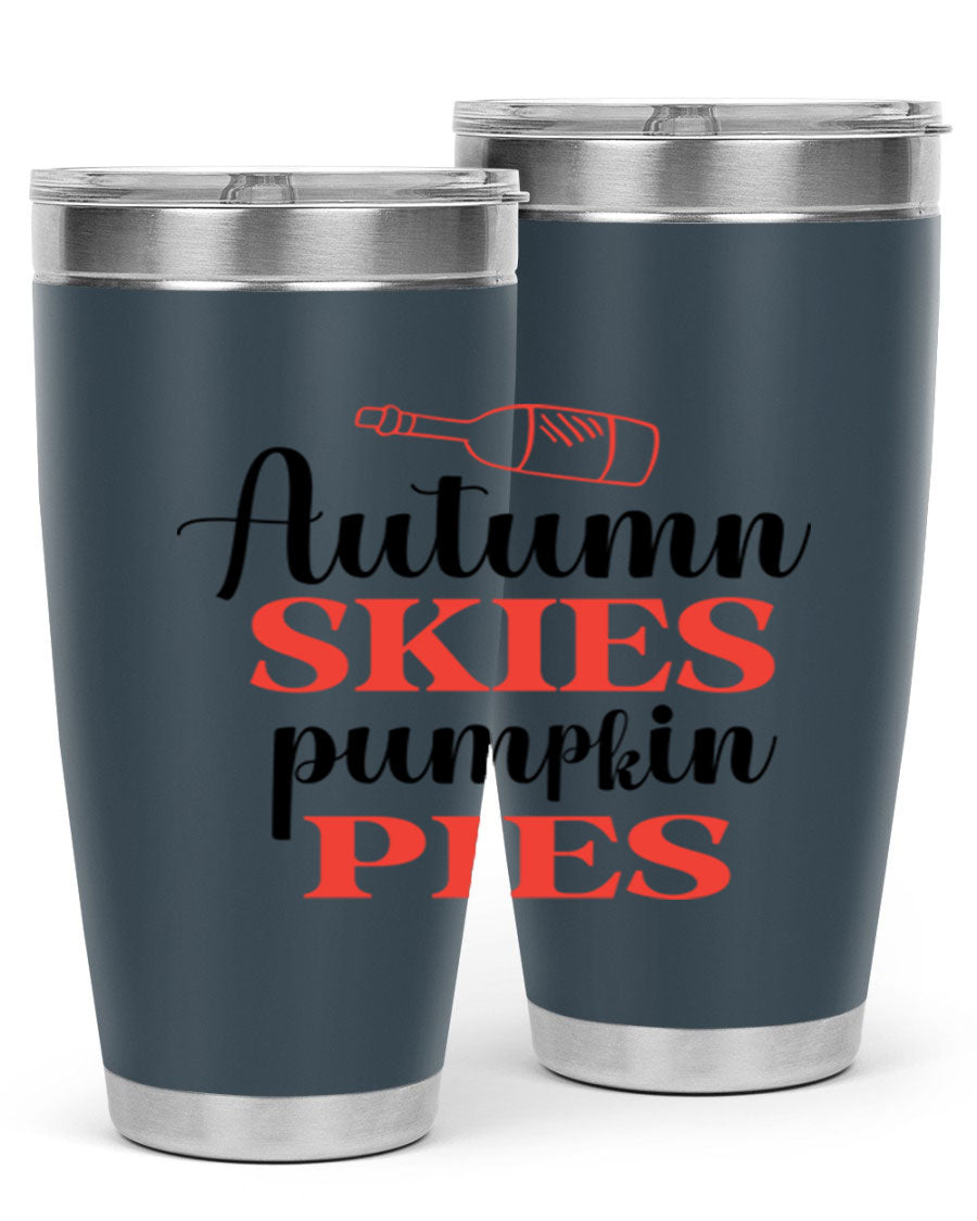 Autumn Skies Pumpkin Pies 20oz Tumbler featuring a vibrant fall design, double wall vacuum insulation, and a drink-thru lid.