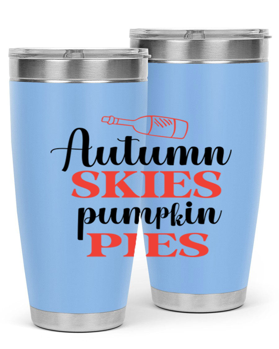 Autumn Skies Pumpkin Pies 20oz Tumbler featuring a vibrant fall design, double wall vacuum insulation, and a drink-thru lid.