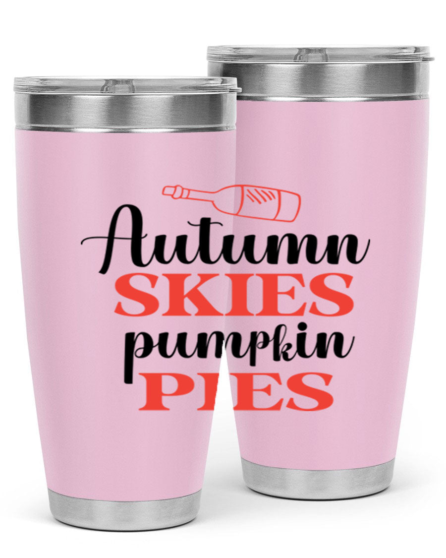 Autumn Skies Pumpkin Pies 20oz Tumbler featuring a vibrant fall design, double wall vacuum insulation, and a drink-thru lid.