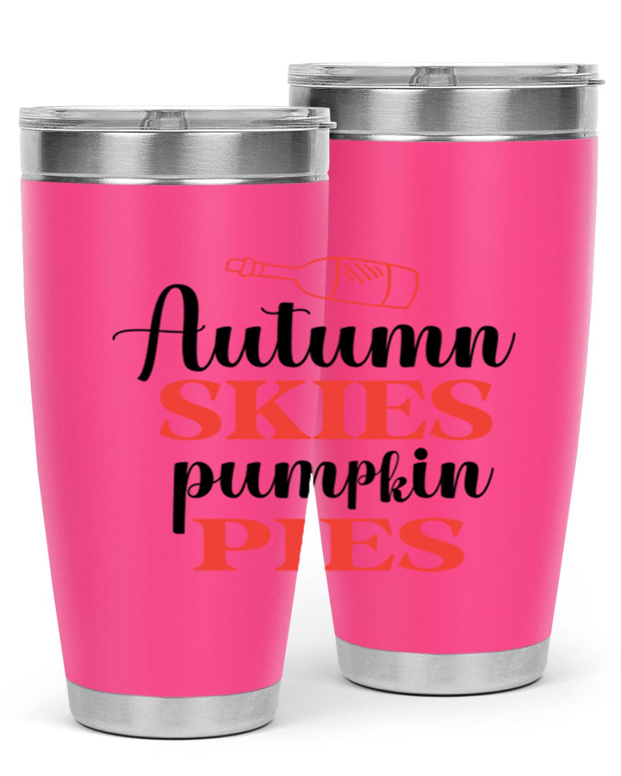 Autumn Skies Pumpkin Pies 20oz Tumbler featuring a vibrant fall design, double wall vacuum insulation, and a drink-thru lid.