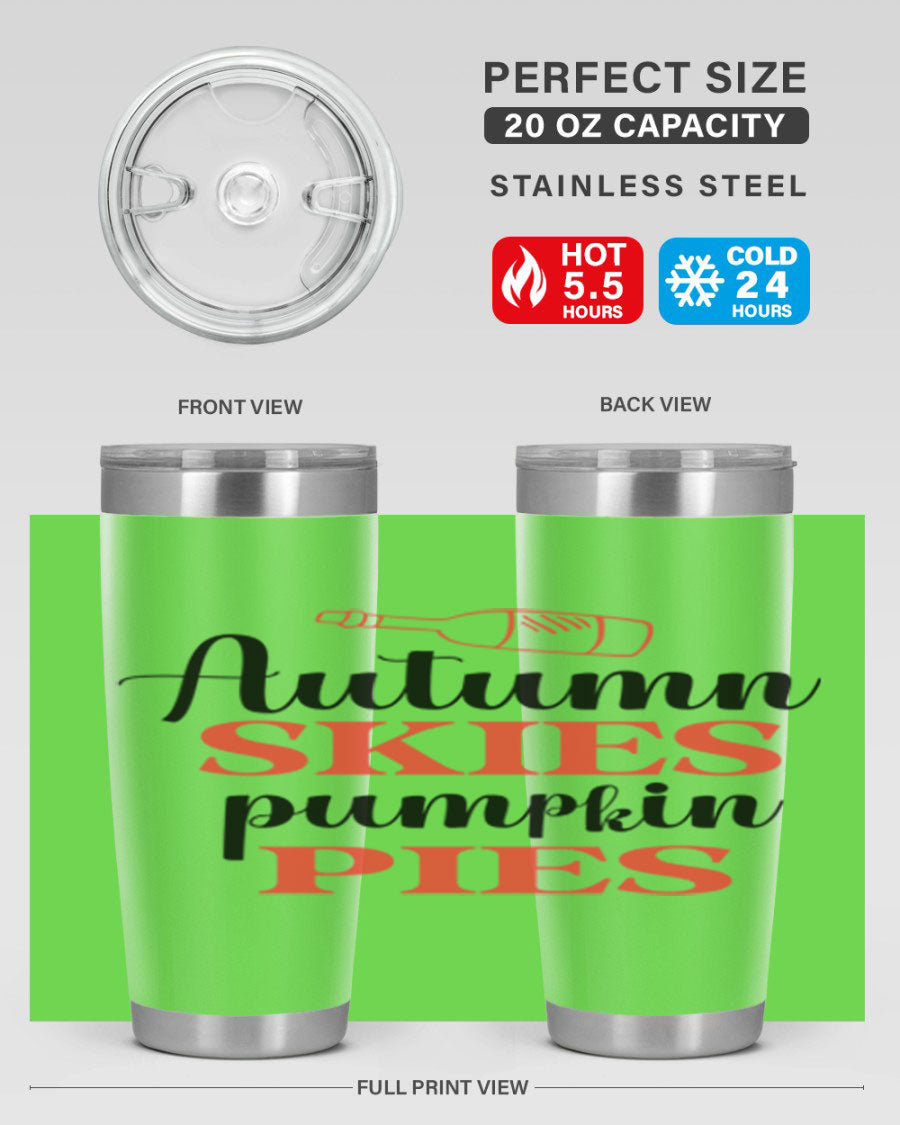 Autumn Skies Pumpkin Pies 20oz Tumbler featuring a vibrant fall design, double wall vacuum insulation, and a drink-thru lid.