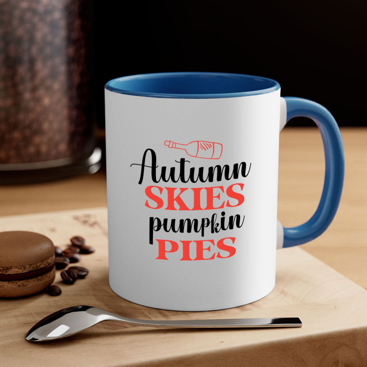 Autumn Skies Pumpkin Pies Mug featuring a two-tone design with a colored handle and glossy finish, perfect for fall beverages.