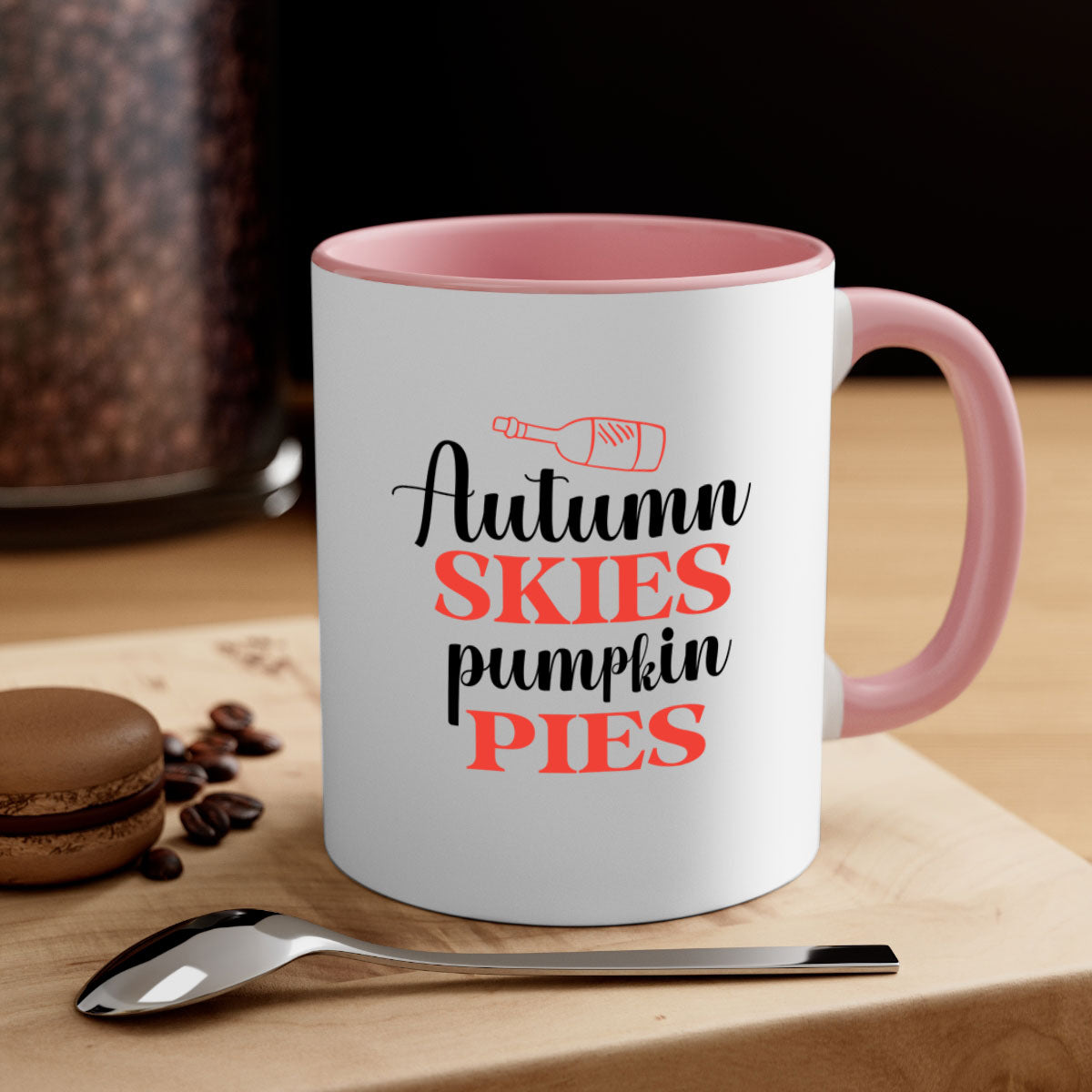 Autumn Skies Pumpkin Pies Mug featuring a two-tone design with a colored handle and glossy finish, perfect for fall beverages.