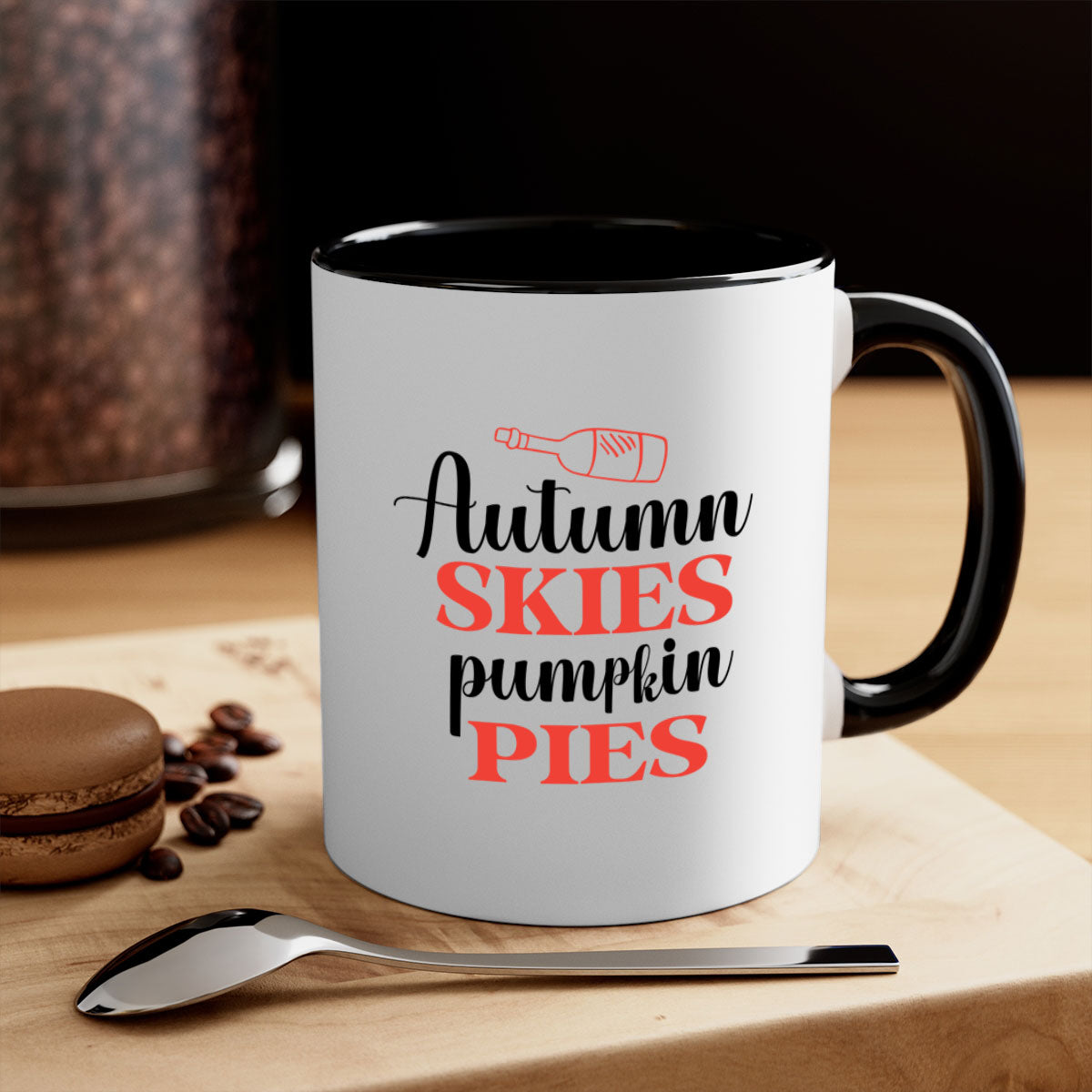 Autumn Skies Pumpkin Pies Mug featuring a two-tone design with a colored handle and glossy finish, perfect for fall beverages.